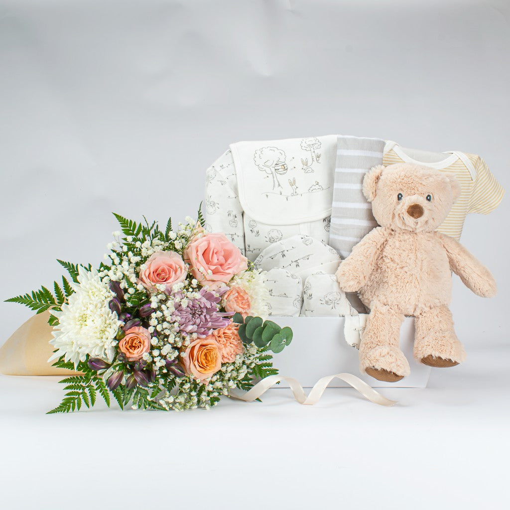 Cool Neutral Baby Gift With Flowers