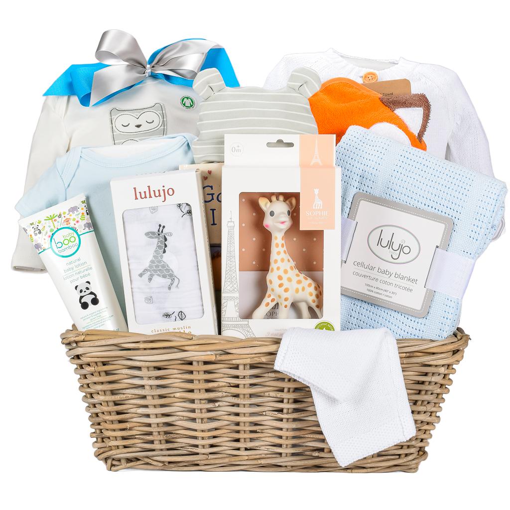 Baby Boy GIft Basket With Sophie The Girafe And Luxury Baby Items 