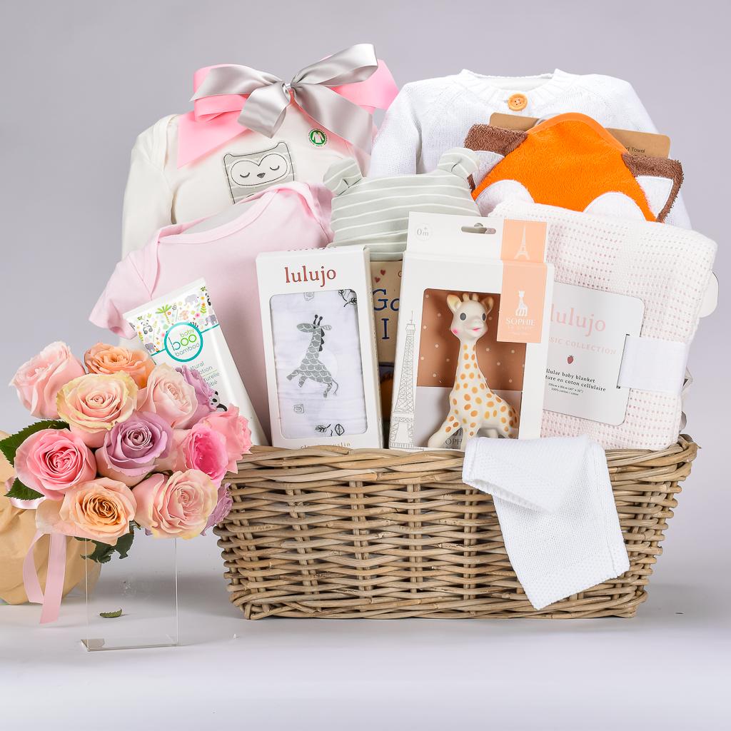 Luxury Baby Girl Gift Basket With Cotton Onesies, Organic Clothing, Baby Lotion, And 12 Mixed Roses
