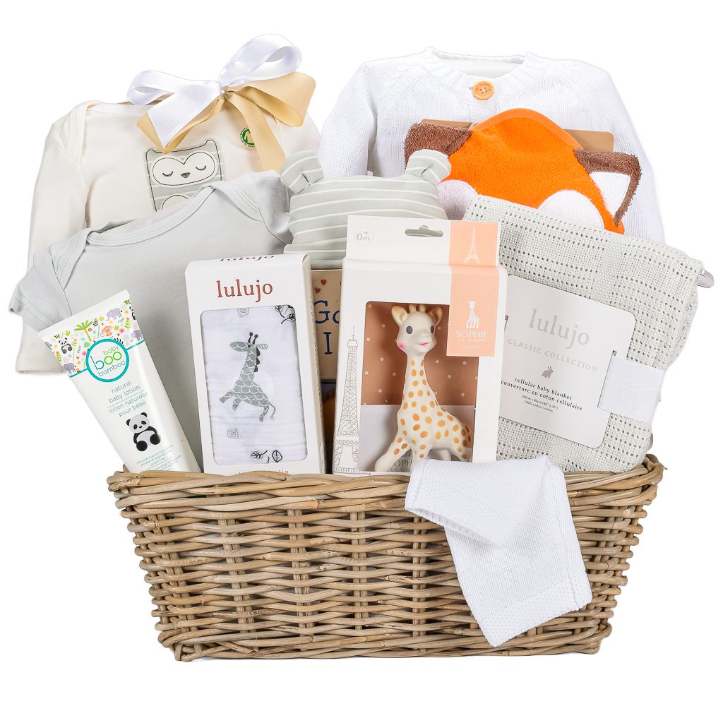 Grey Neutral Luxury Baby Gift Basket With Blankets, Clothes, Baby Book, Towel, And Lotion
