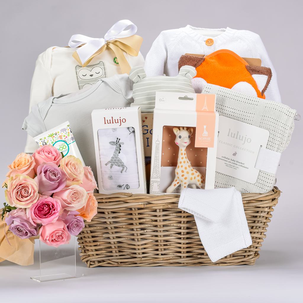 Gift Basket For Neutral Baby Gender, Organic Onesies, Hat, Lotion, Knit Blanket And 12 Mixed Roses