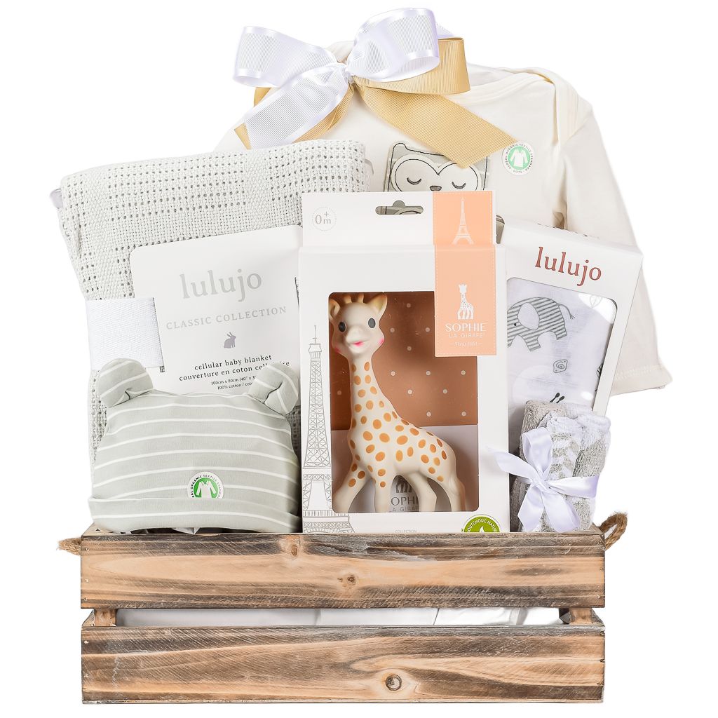 Wooden Baby Crate With Organic Onesie, Hat, Animal Muslin Blanket And Sophie La Girafe 