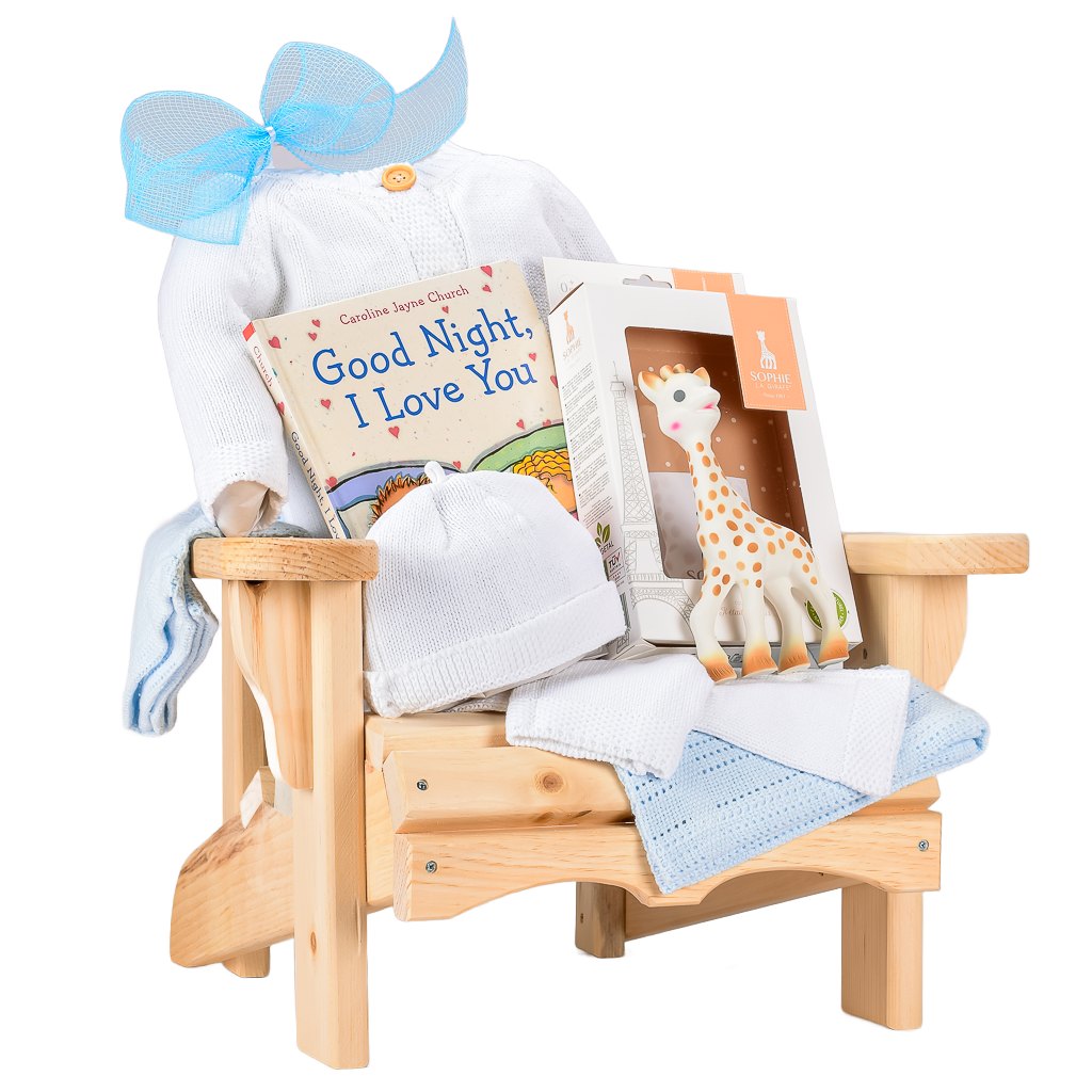 Blue Baby Boy Muskoka Chair With Knit Blanket, Baby Teether, Knit Set And Book With a Blue Bow