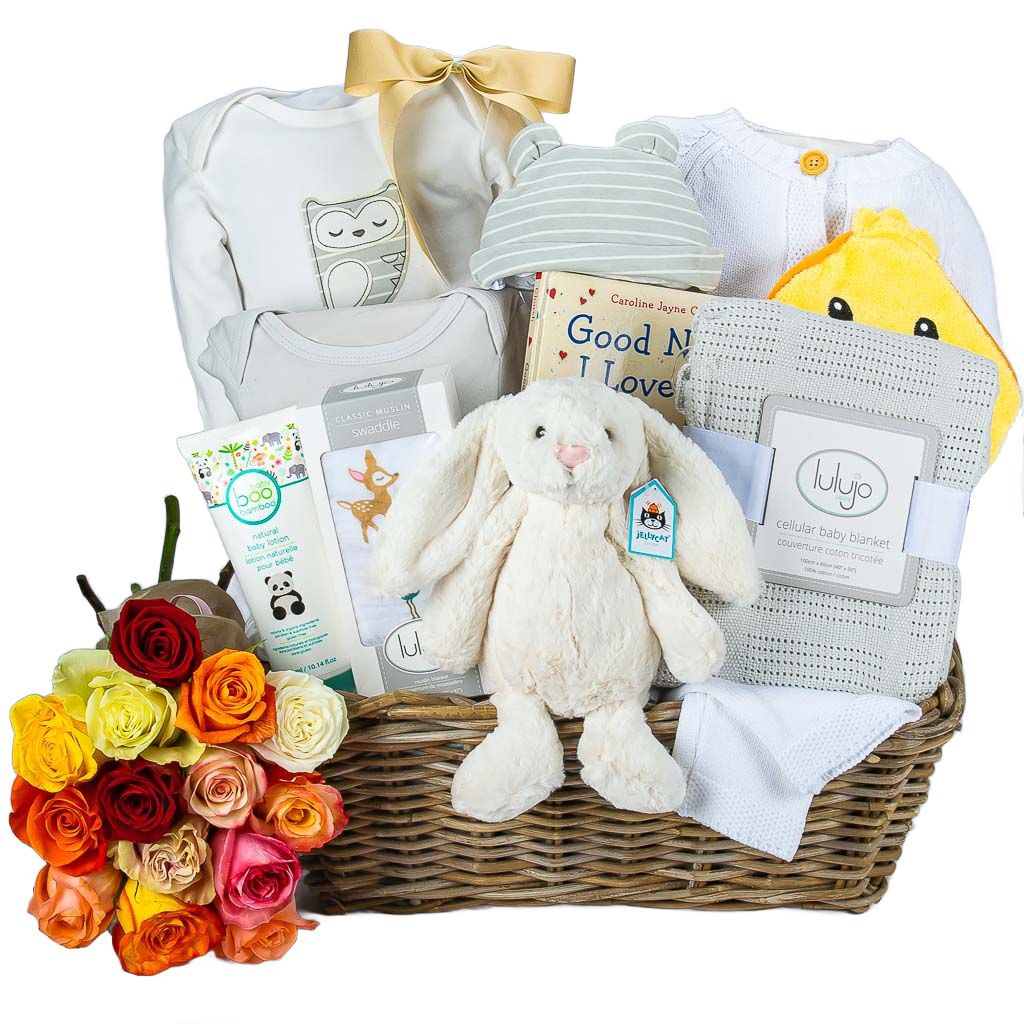 Luxury Neutral Baby Gift With Dozen Mixed Colour Roses