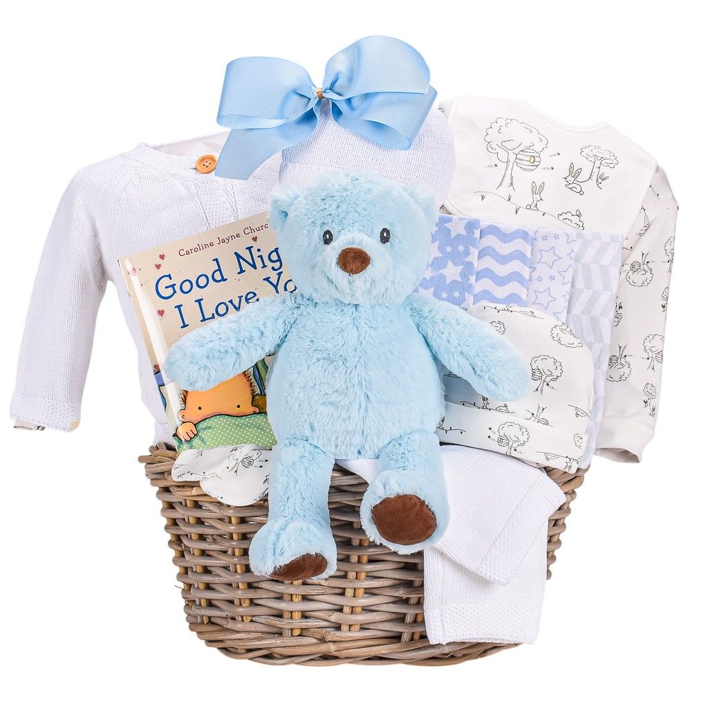 Baby Boy Gift Basket With 5 Piece Set, Cardigan Knit Set, Bear And Recieving Blankets 