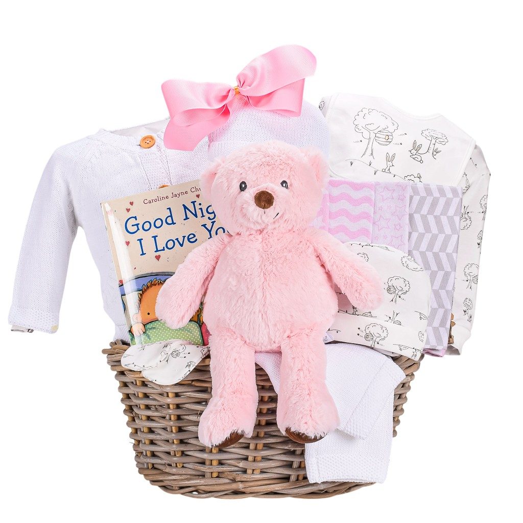Precious Pink Baby Girl Gift Basket With Knit Cardigan Set, Sleeper Set, Pink Teddy Bear And Book